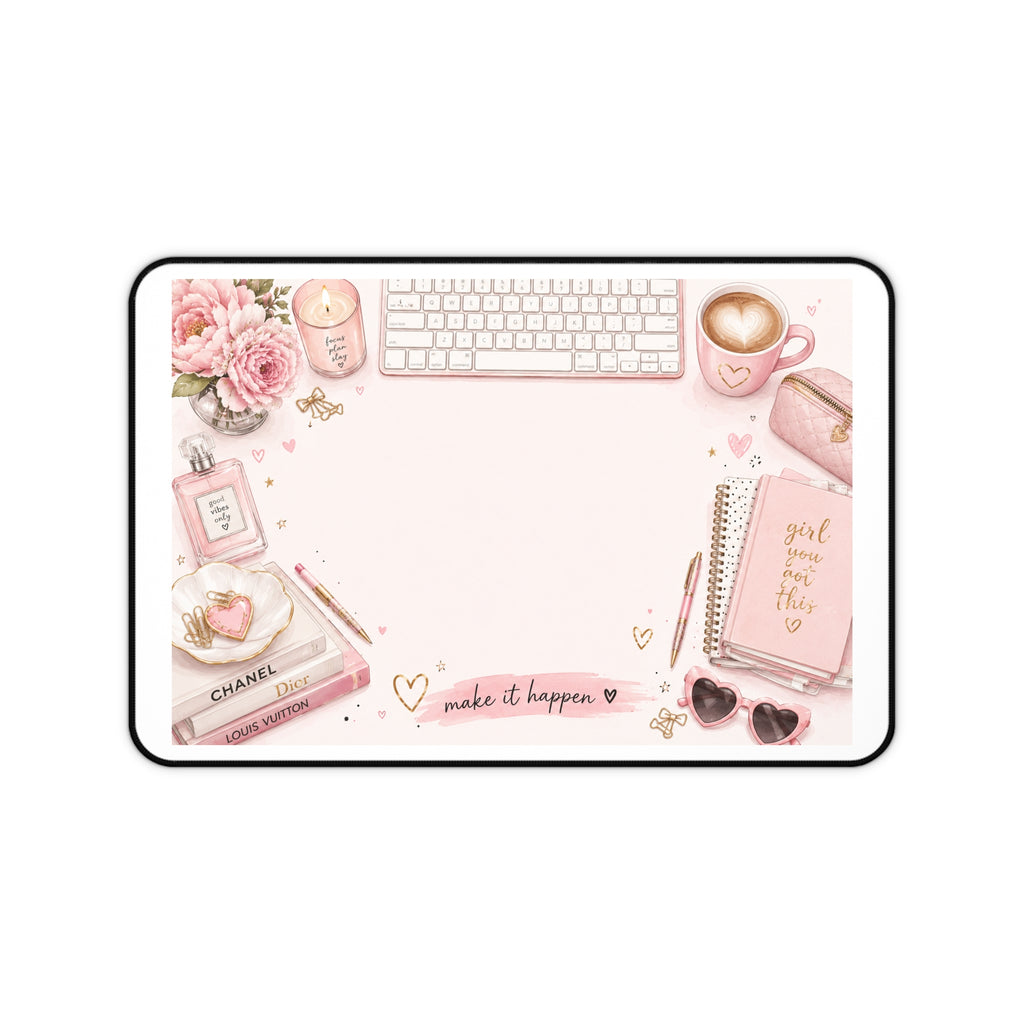 Pink Desk Mat — 'Make It Happen' Girly Office Mouse Pad with Floral, Coffee & Planner Design