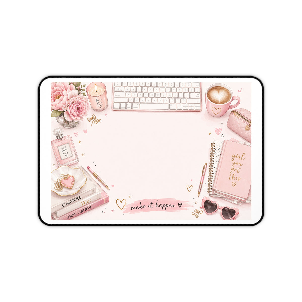 Pink Desk Mat — 'Make It Happen' Girly Office Mouse Pad with Floral, Coffee & Planner Design