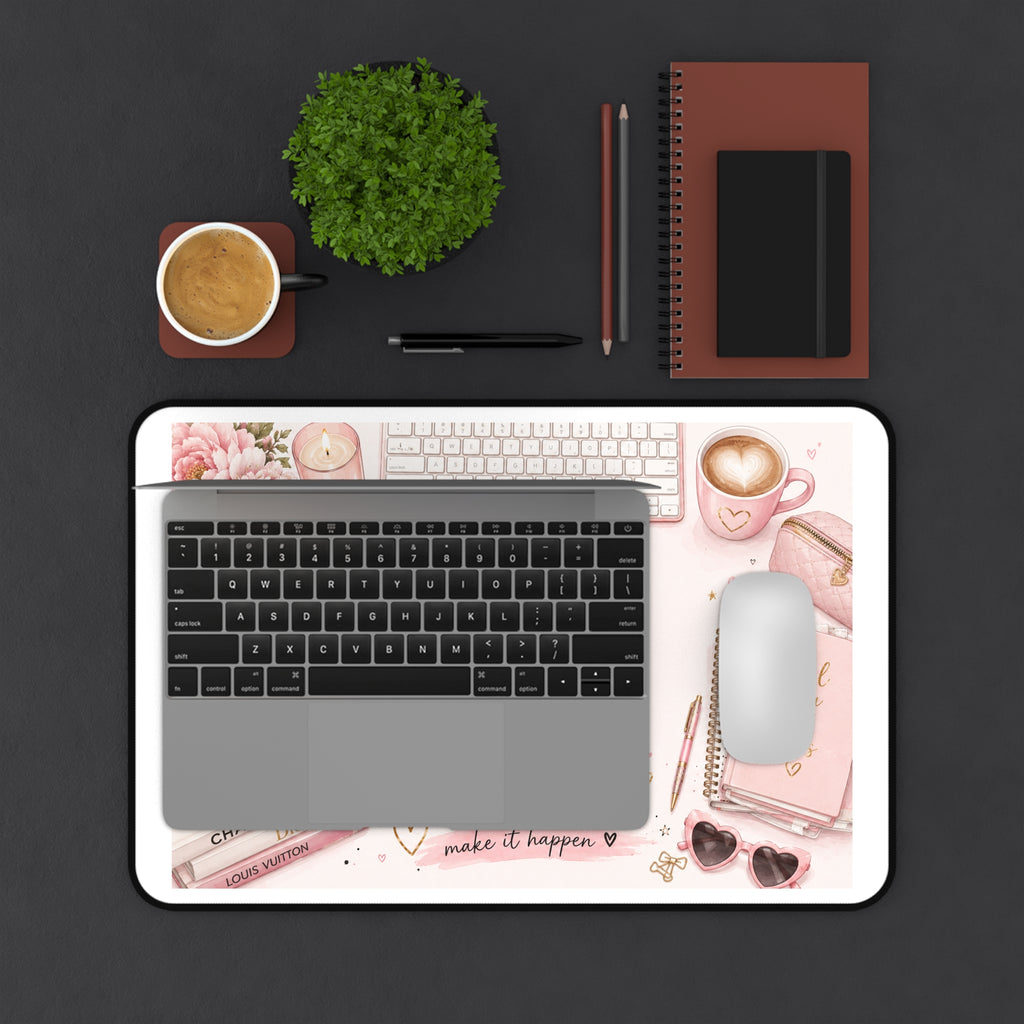 Pink Desk Mat — 'Make It Happen' Girly Office Mouse Pad with Floral, Coffee & Planner Design