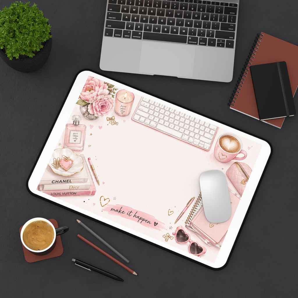Pink Desk Mat — 'Make It Happen' Girly Office Mouse Pad with Floral, Coffee & Planner Design