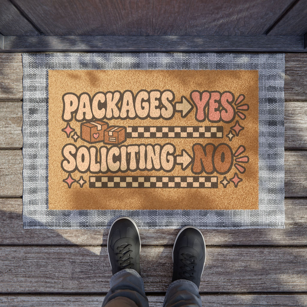 Doormat — "Packages Yes, Soliciting No" Welcome Mat