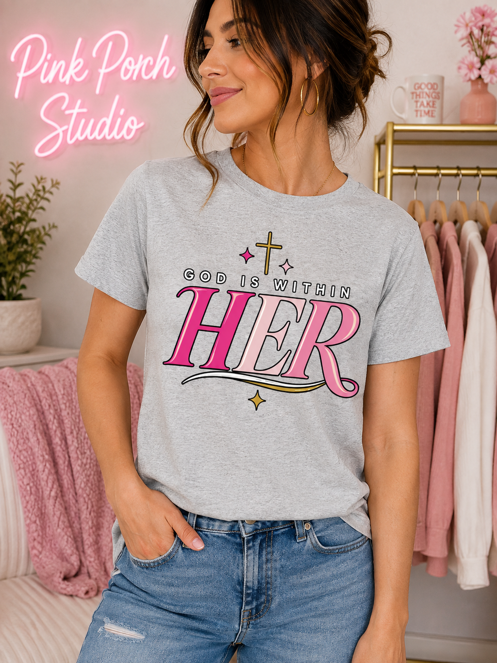 God Is Within Her ??? Christian Faith Graphic Tee Short-Sleeve T-Shirt
