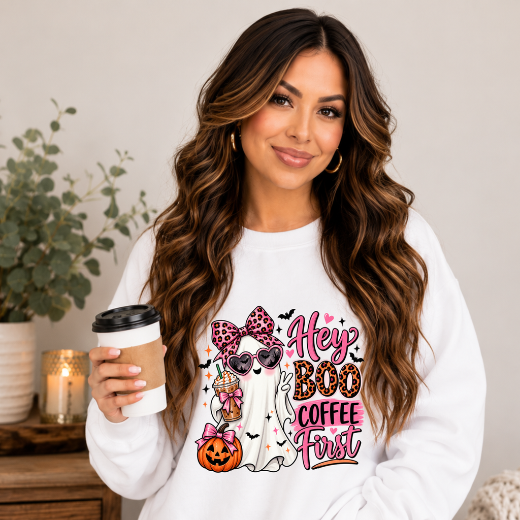 "Hey Boo Coffee First" crewneck