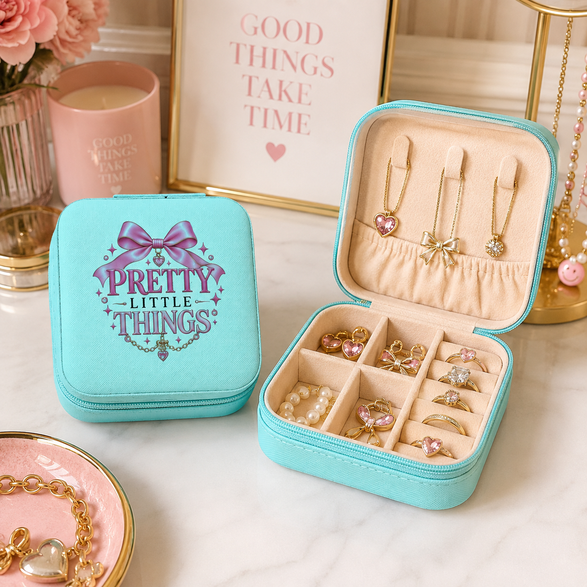 Pretty Little Things Pink Travel Jewelry Case — Compact Organizer for Rings, Earrings & Necklaces